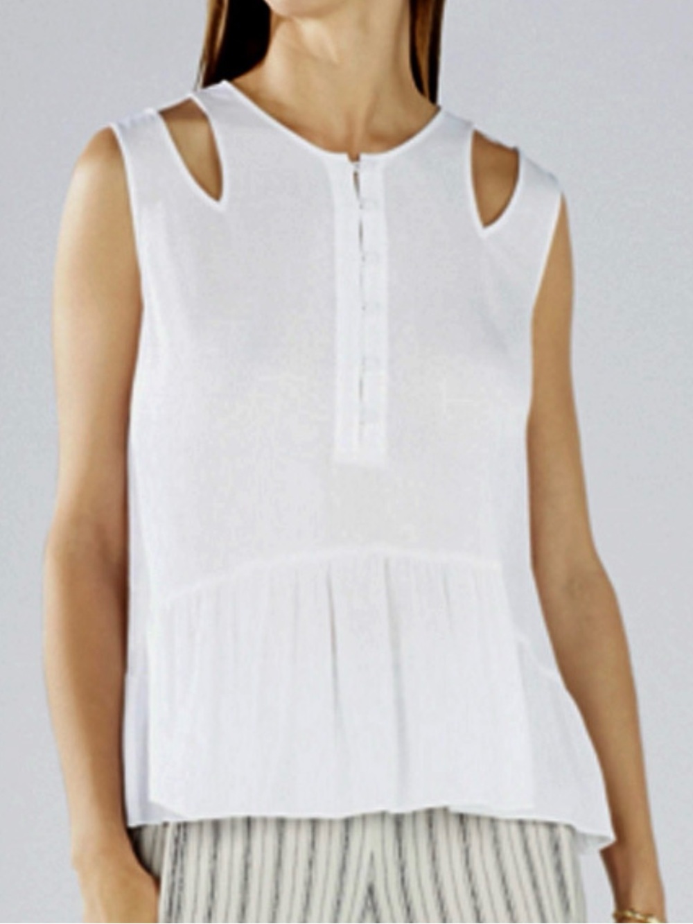 BCBG white sleeveless cutout-shoulder peplum top SHIRT tank BCBGMAXAZRIA XXS